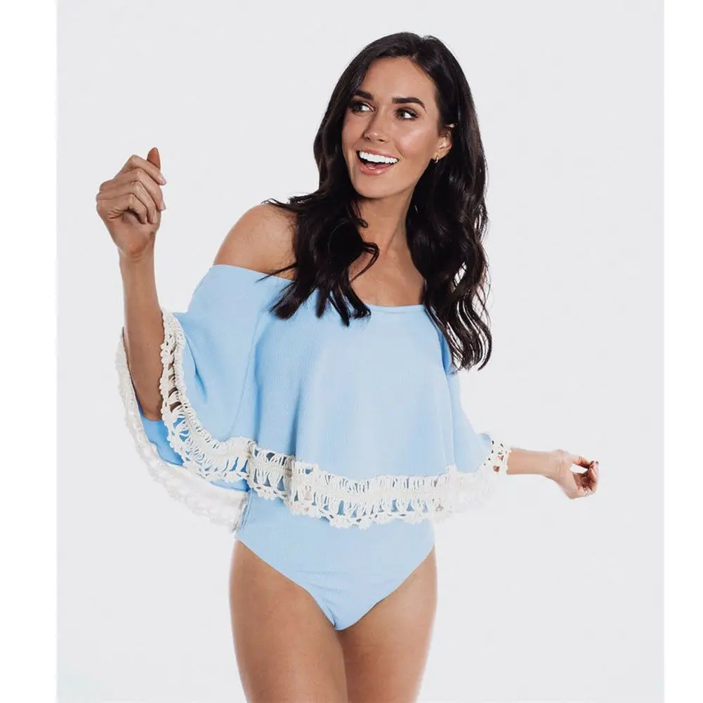 US Hot Women Swimwear One-piece Swimsuit Off Shoulder Bikini Lace Strappy Solid Ruffle Monokini Summer Bathingsuit Beachwear | Спорт и