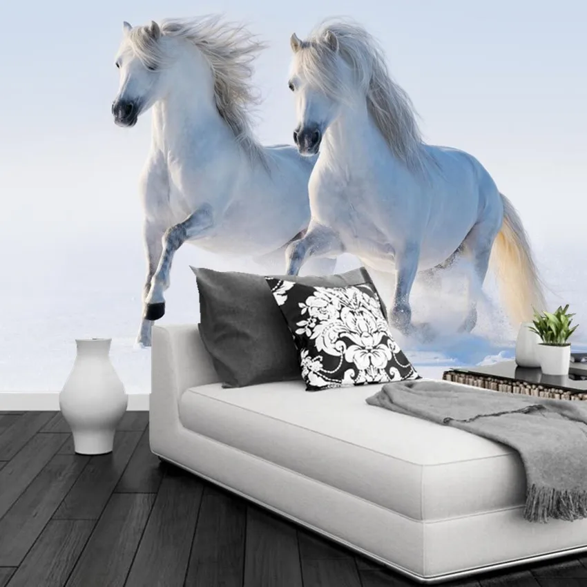 Custom 3d mural Two white horses running in the snow papel de parede hotel restaurant living room sofa TV wall bedroom wallpaper |