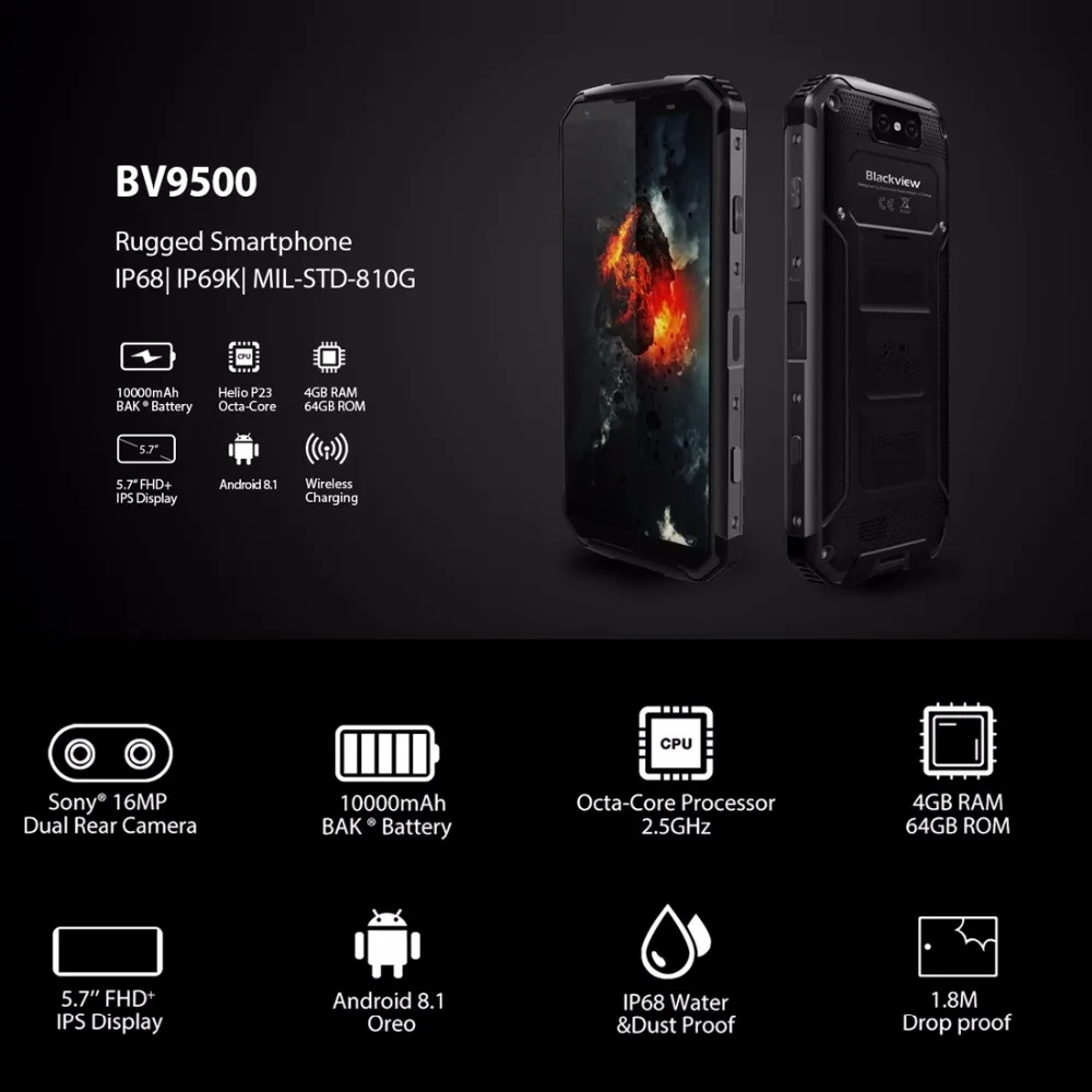 Blackview BV9500 4 Гб Оперативная память 64 Встроенная Android 8 1 Octa Core 5 7 &quot18:9 MTK6763T IP68