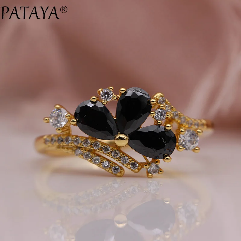 Black PATAYA, новинка, три капли воды, женские кольца, 585, розовое золото, круглый природный Цирконий, Свадебная вечеринка, модные ювелирные изделия, трендовые цветные кольца - Цвет основного камня: Black