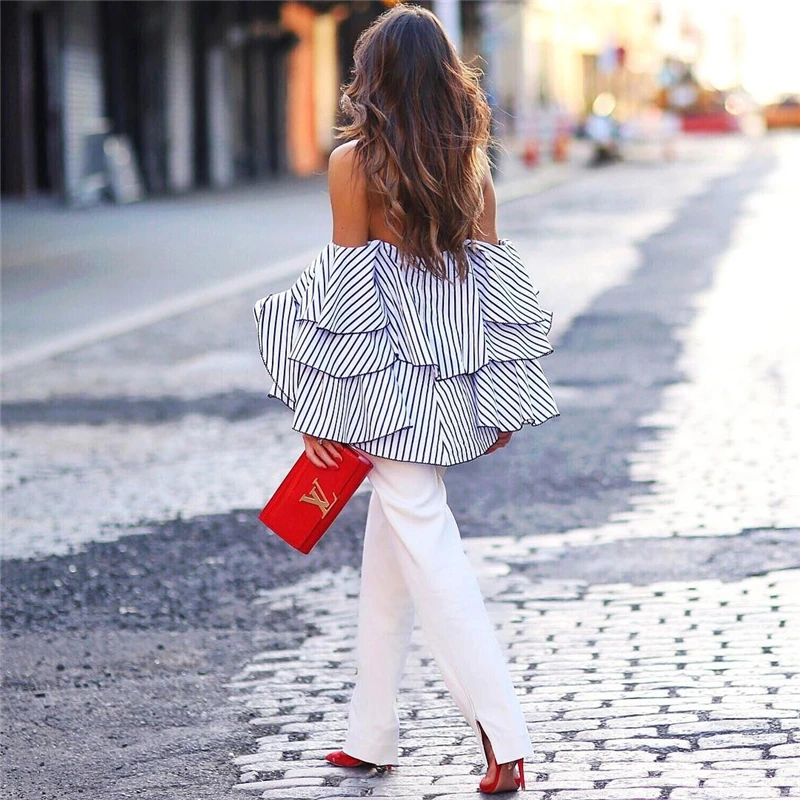 С открытыми плечами Топы для женщин Лето 2019 футболка Женская Свободный Полосатый