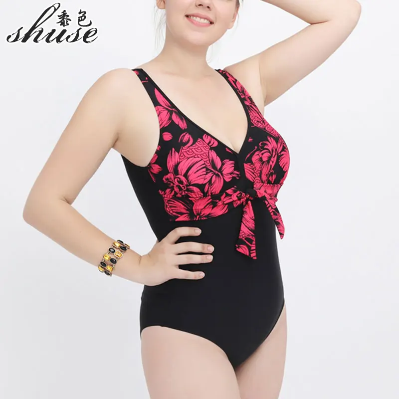 Женские One Pieces Купальники больших Размеры Пинта Цветочный Лоскутная высокой