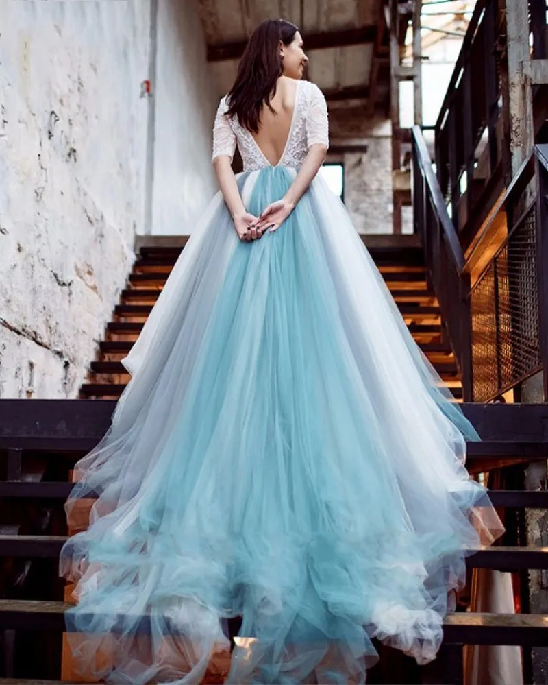 2017 Romantic Light blue A-Line Wedding Dress Elegant Tulle Beading Backless Lace Half Sleeve Promotion Muslim Vestido De Noiva | Свадьбы и