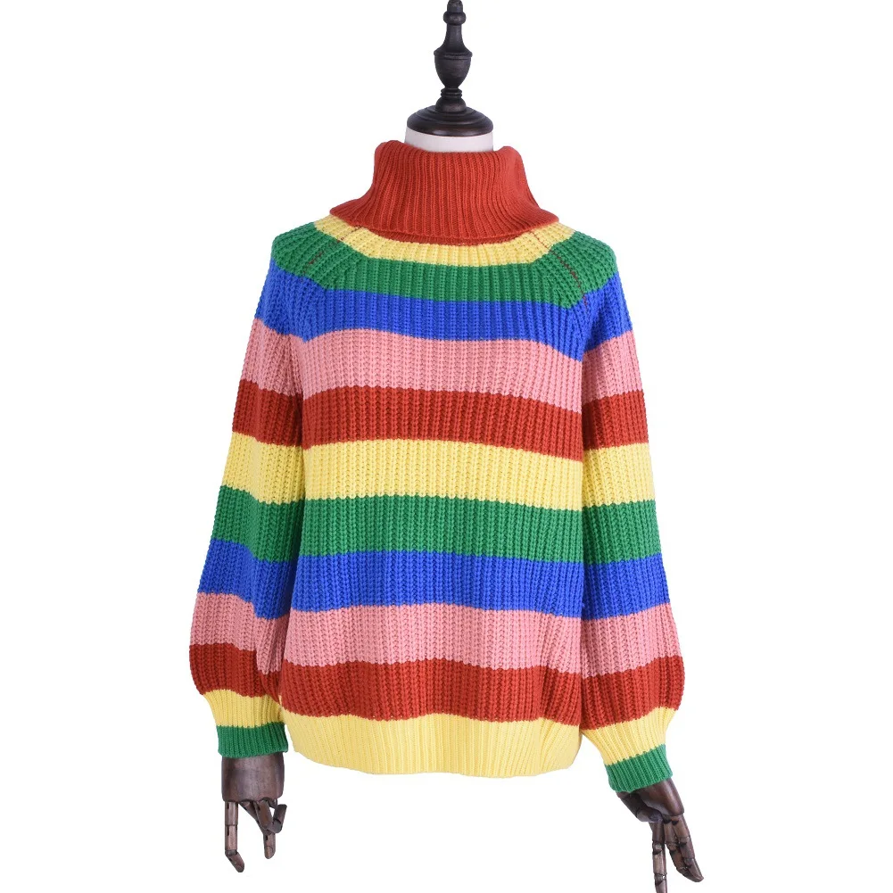 Casual Loose Autumn Winter Turtleneck Sweater Women Oversize Rainbow Striped Knitted Sweaters Warm Long Sleeve Pullover Sweater