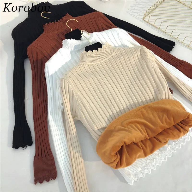 Korobov Auttum Winter New Sweater Slim Warm Sueter Female Half Turtleneck Fleece Women Pullover Bottom Knitwear Crop Tops 75874 | Женская
