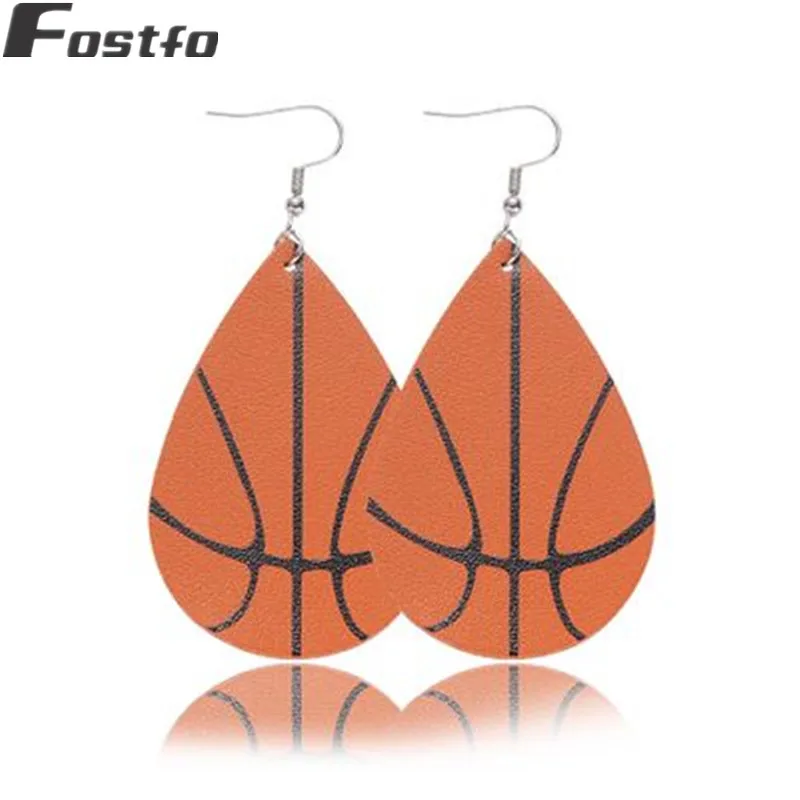 Fostfo кожаный принт Софтбол футбол Baskteball Висячие серьги для женщин Большой Teardrop