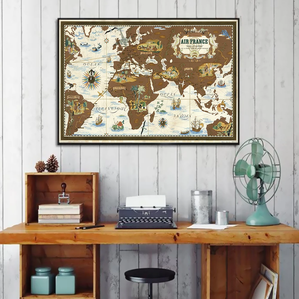 Винтажная карта мира по воздуху Франция дорожные карты Ретро картины на холсте
