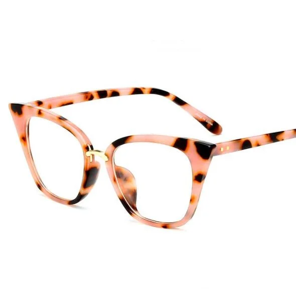 pink leopard COOLSIR кошачий глаз Женские оправы для очков брендовые дизайнерские очки винтажные зеркальные классические прозрачные линзы очки - Цвет линз: pink leopard