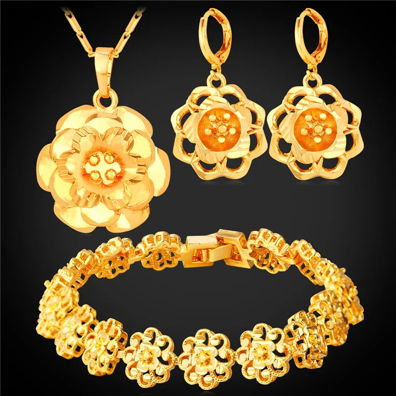 

Yellow Gold/Silver Bracelet Earrings And Pendant Necklace Set Fashion Dubai Blossom Flower Jewelry Set PEH1603
