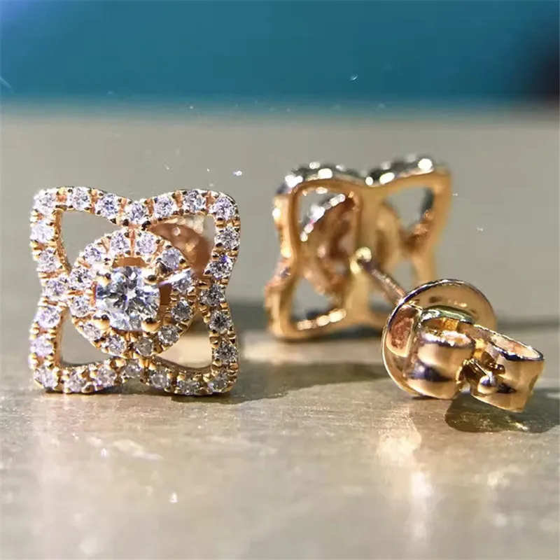 LASAMERO 0.3CTW Round Cut 18K Rose Gold Diamond Flower Pattern hollow Earrings Stud Fine Jewelry Earring Studs | Украшения и