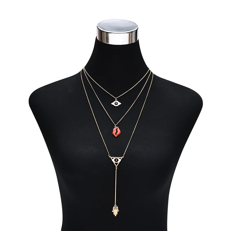 ANL022 3 Layers Statement Long Blue Evil Eye Red Lips Hamsa Hand Pendant Chain Lucky Sweater Necklace | Украшения и аксессуары