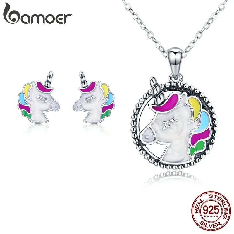 BAMOER, подлинные 925 пробы, серебряные, красочные, эмаль, единорог, женские ожерелья, серьги, ювелирные наборы для женщин, серебряные ювелирные изделия ZHS089