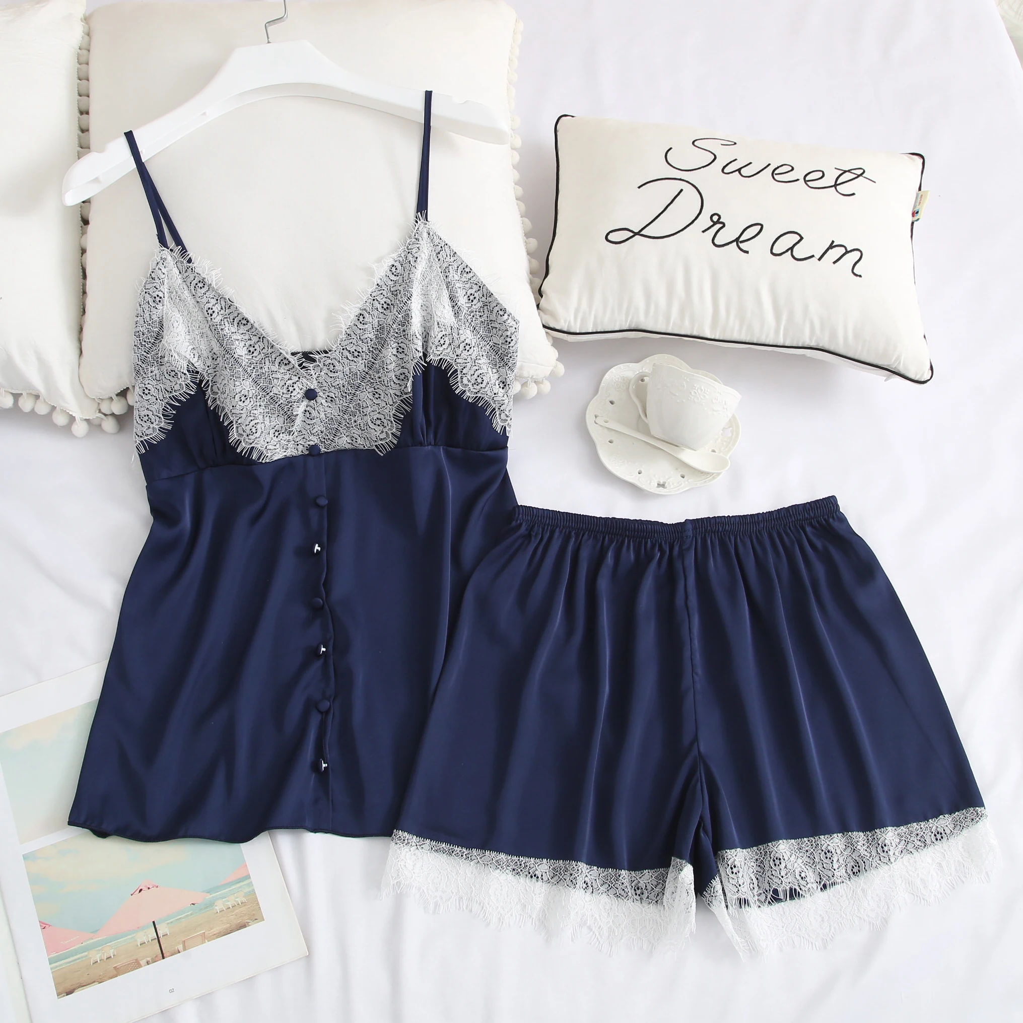 Пикантные Лоскутные кружево для женщин шорты пижамный комплект дышащий спагетти