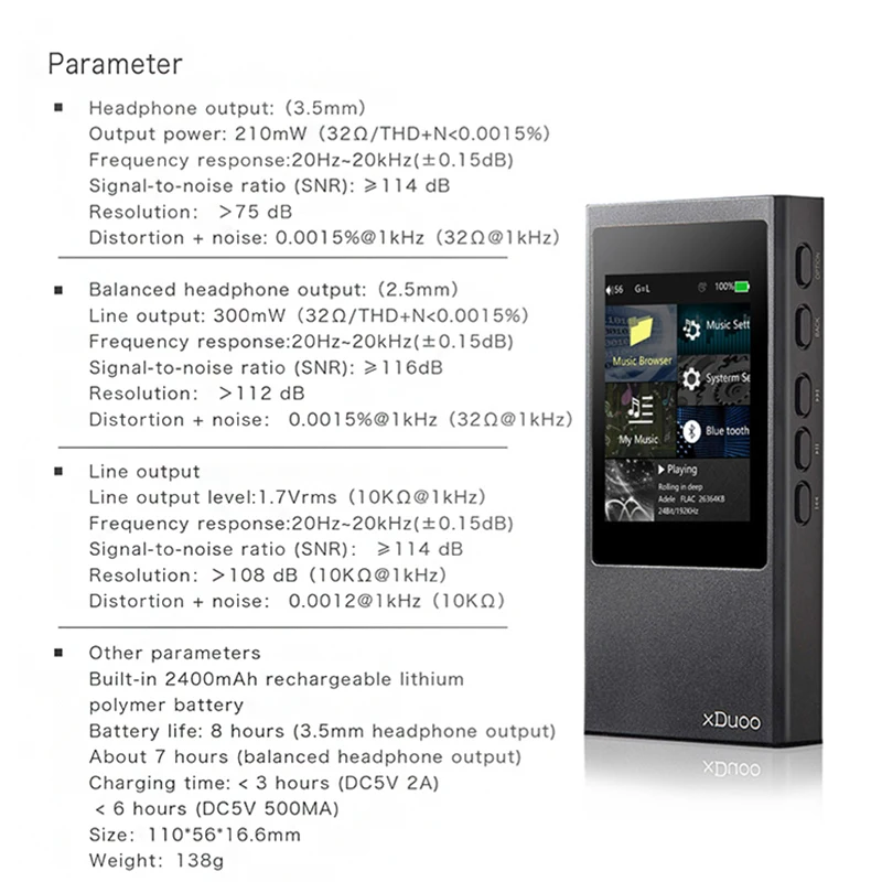 

XDuoo X20 Bluetooth HiFi Portable Lossless Music Player Mp3 Native DSD256 PCM384kHz/32bit OPA1612 DAC ESS9018 balanced output