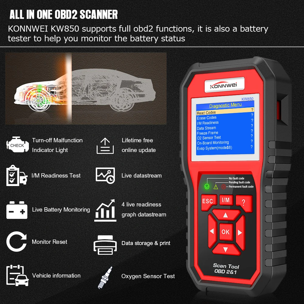 OBD2 ODB2 универсальный OBD2 считыватель кодов двигателя KONNWEI KW850 автомобильный считыватель кодов диагностический инструмент odb2 Автомобильный сканер лучше ELM 327