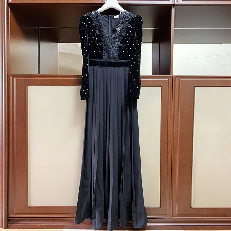 High-end Winter Black Diamonds Maxi Long Dress Women Self Portrait Patchwork Slim Bodycon Pleated Dresses Party Runway Vestidos