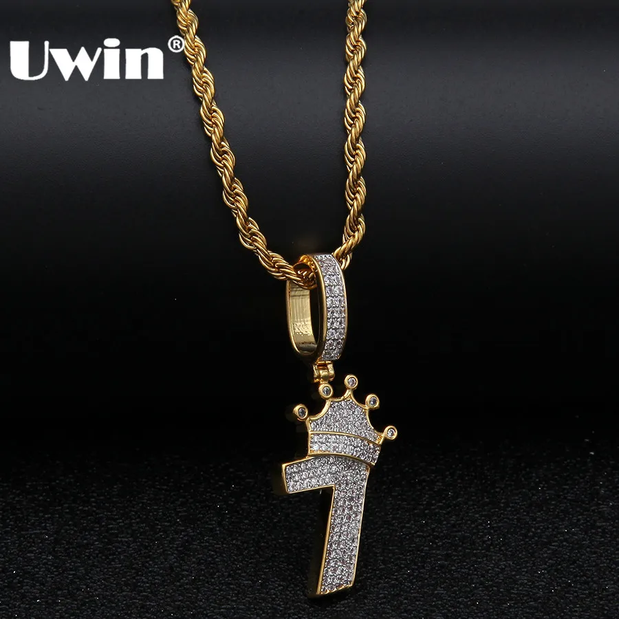 

Uwin Bling Number 7 With Crown Necklace For Men Full Iced Cubic Zircon Charm Silver-plate Chain Pendant Hiphop Jewelry