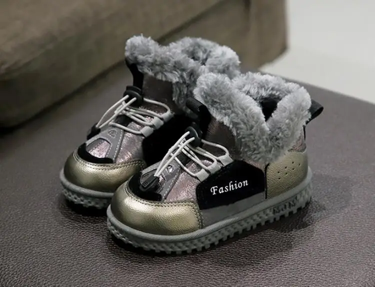 Children Shoes Kids Snow Boots Brand Winter Plush Bay Girls Snow Boot Warm Shoes Leather Toddler Boys Boots Fur - Цвет: Серый