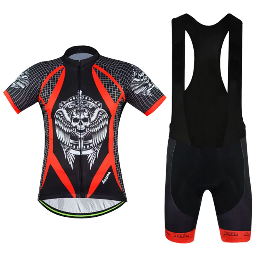 Skull Mountain Bike Clothing Short Sleeve Black Aogda Men's Cycling Jerseys Bibs Set Bicycle Shirts and Padded Bib Shorts | Спорт и