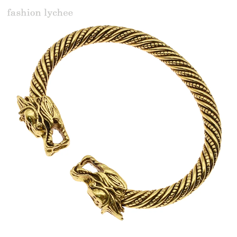 Модный металлический браслет lychee Viking с открытым дизайном в виде головы дракона для мужчин, Браслет-манжета, винтажное модное ювелирное изделие, подарок