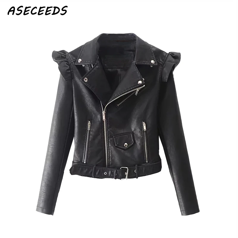 Кожаная куртка с рюшами и молнией для женщин в стиле Панк-рок мотоциклистов весна 2018 года с длинными рукавами для уличной одежды.