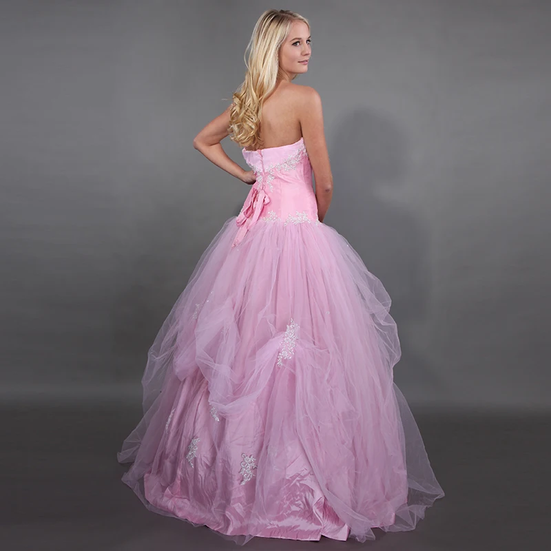 

Lovely Strapless Baby Pink Quinceanera Dresses Ruched Tiered Skirt Puffy Ball Gowns Appliques Vestidos De Debutantes De 15 Anos