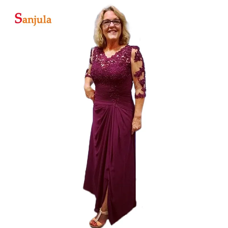 Burgundy Chiffon Mother of the Bride Dresses V Neck 3/4 Sleeve Appliques Beaded Formal Leg Slit Groom Gowns D250 | Свадьбы и