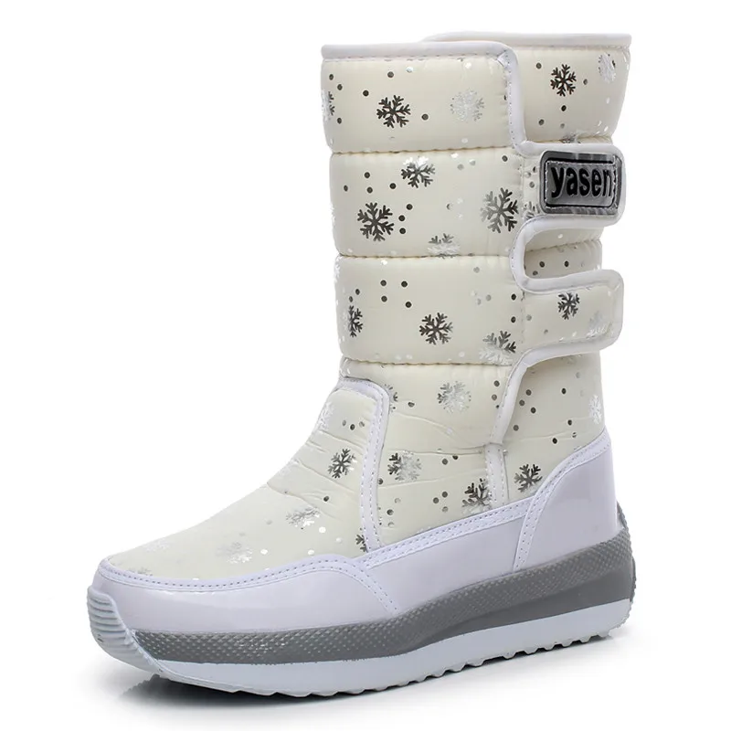 white snowflake Новые зимние женские сапоги до середины икры женские зимние сапоги, увеличивающие рост, водонепроницаемые теплые хлопковые сапоги до середины икры - Цвет: white snowflake
