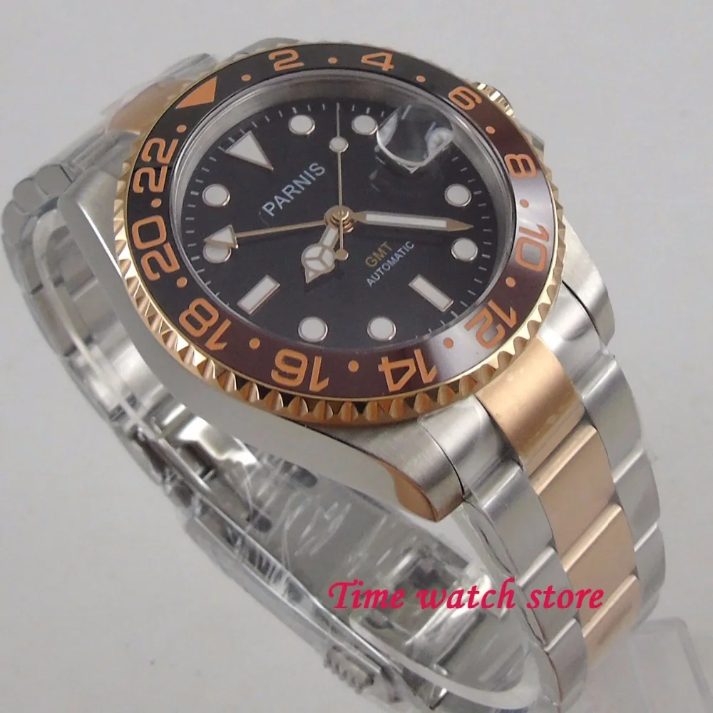 Мужские автоматические часы Parnis 40 мм GMT 3804 Роскошные водонепроницаемые стальные