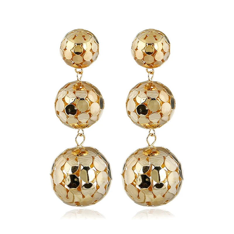 Женские металлические серьги шарики золотого цвета длинные подвески в винтажном