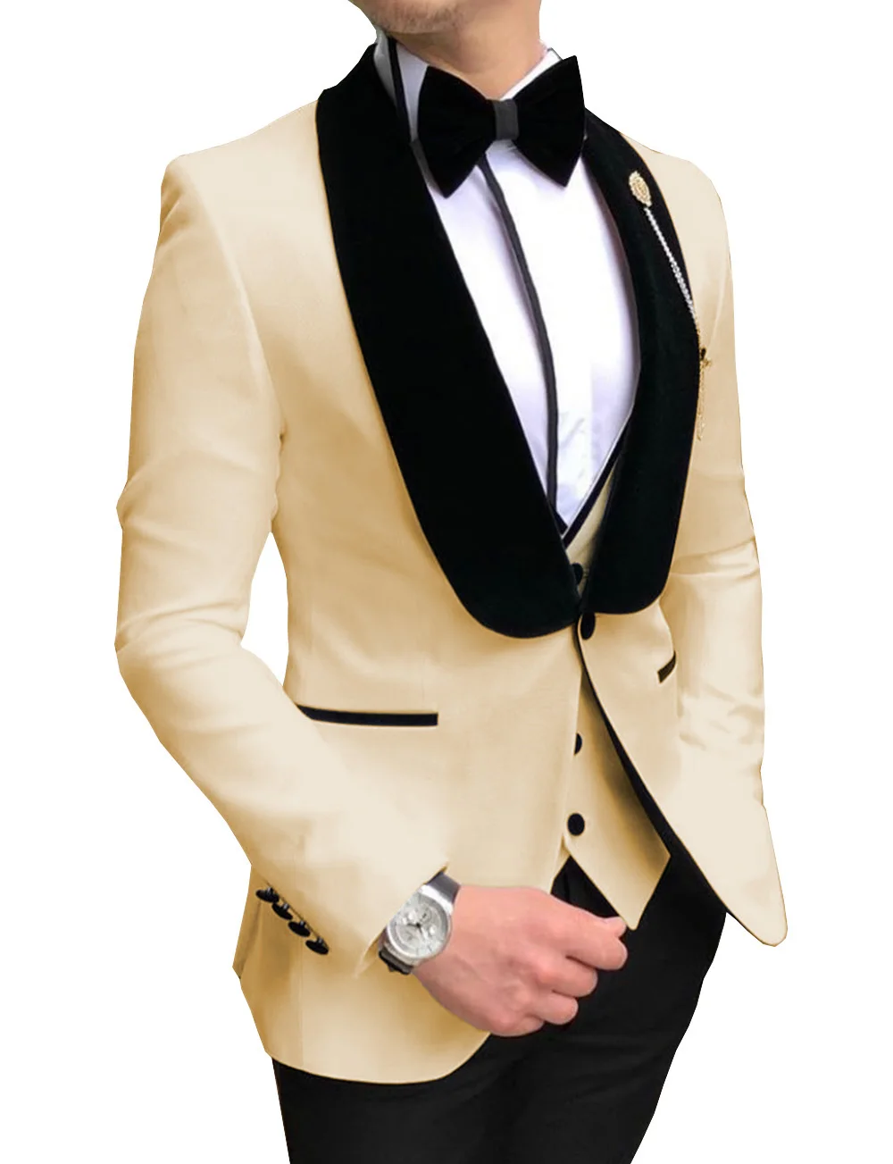 champagne Мужские белые костюмы Slim Fit 3 шт. деловая куртка смокинг Блейзер джентльмен для свадьбы жених выпускного вечера Вечер(Блейзер+ жилет+ брюки - Цвет: champagne