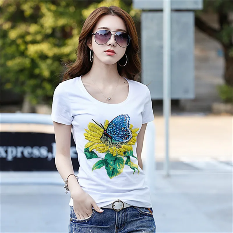 Женская футболка KEQI облегающая с бусинами модель 2017|brand t shirt women|fashion woment brand woman |