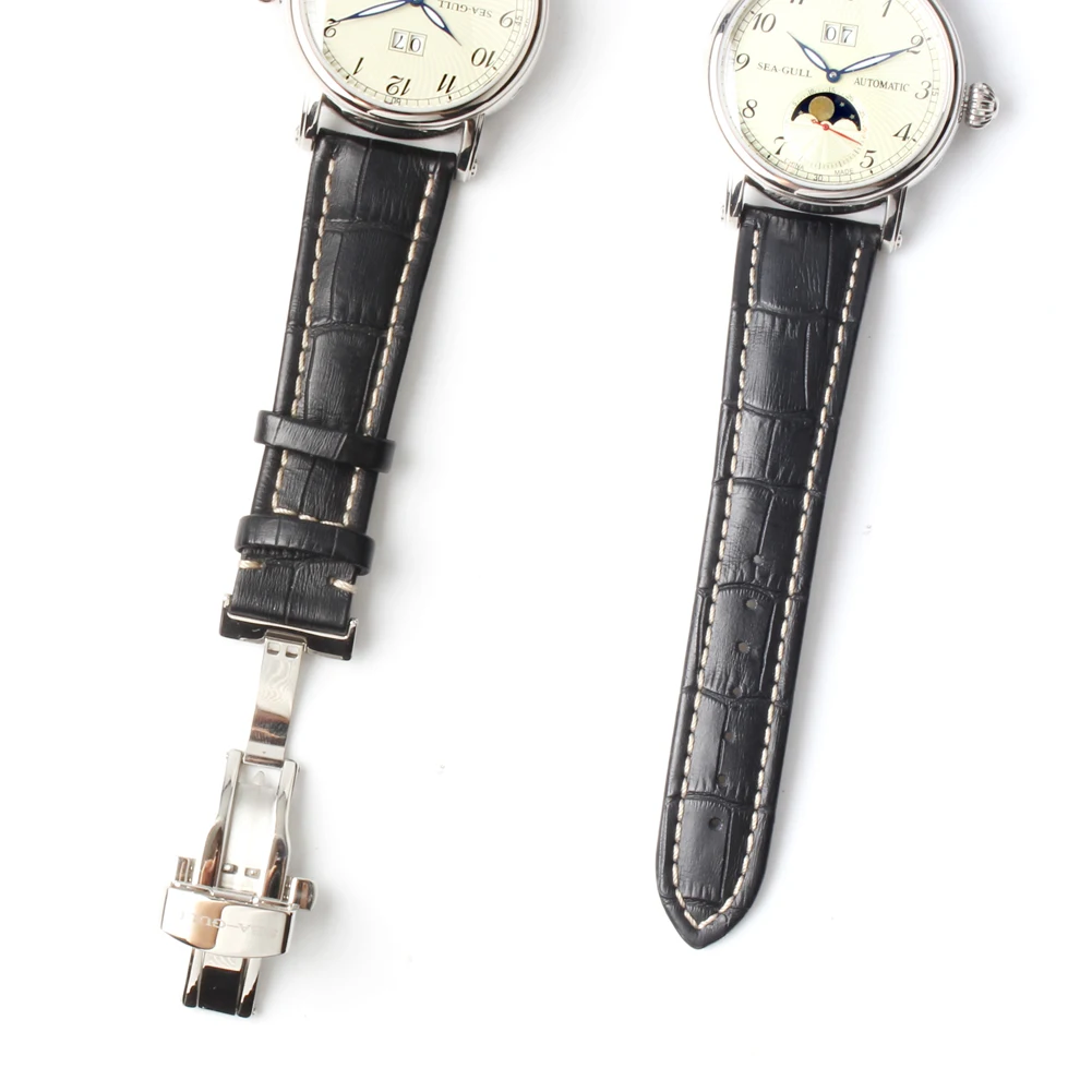 Seagull Moon Phase Авто Дата часы из натуральной кожи выставочный желтый циферблат