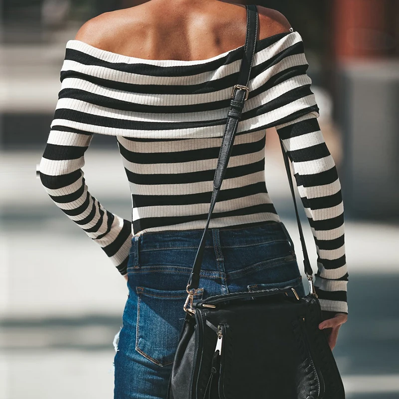 Женский черно-белый полосатый Slash шеи Повседневные базовые Стрейчевые боди