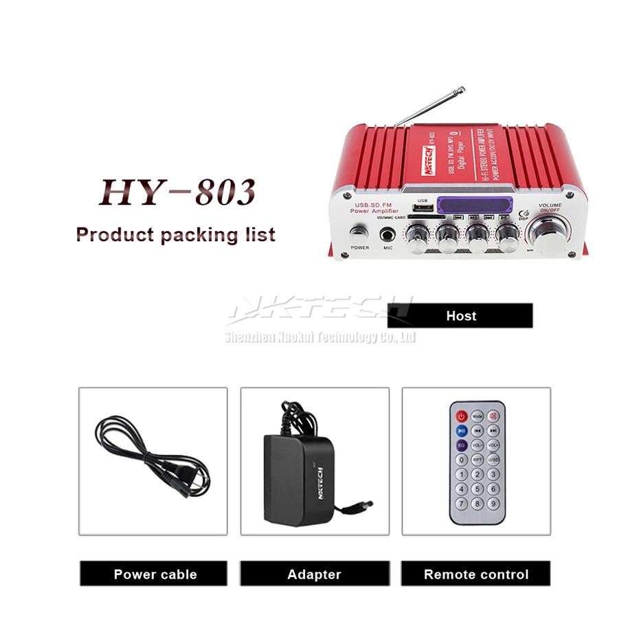 NKTECH HY-803 усилитель Bluetooth Автомобильный цифровой аудио плеер 2x41 Вт Hi-Fi стерео бас USB SD MP3 DVD FM DSP DC12V 220-240 В - Цвет: Red-With-12V-3A