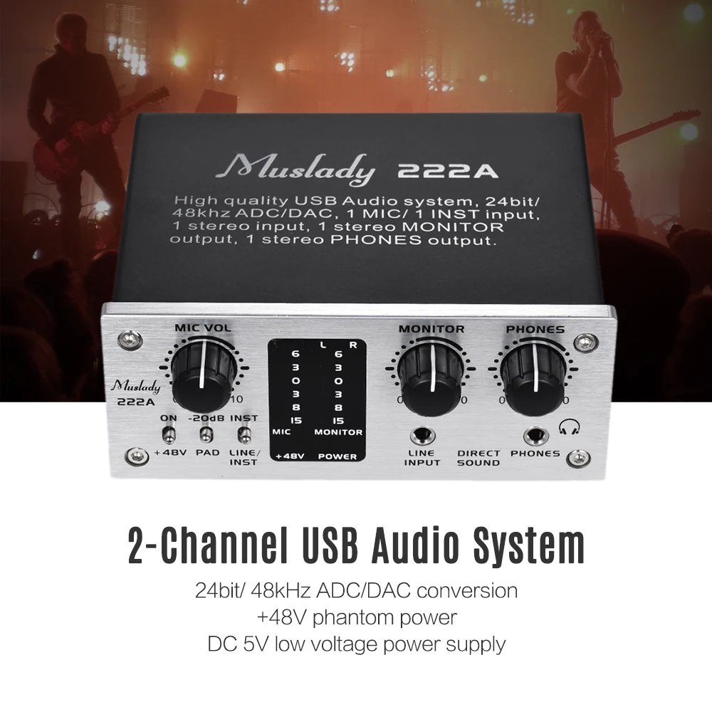 Muslady 222A 2-х канальный USB аудио Системы Интерфейс внешняя звуковая карта + 48V phantom