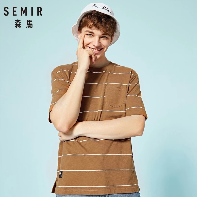SEMIR мужская полосатая футболка с карманом на груди круглым вырезом топы для