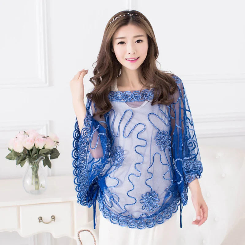 See-through Summer Lace Blouse Women Tops 2019 Korean Fashion Batwing Sleeve Sunproof Plus Size Cropped Flower femme | Женская одежда