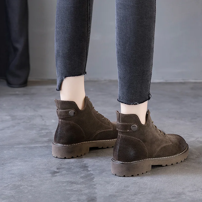 Suede genuine leather v open martin boots women autumn and winter shoes new chunky heels lace up short motorcycle booties mujer | Обувь