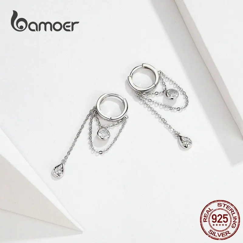 Bamoer, капли, круглая Геометрическая цепочка, висячие серьги для женщин, Стерлинговое Серебро, женская мода, ювелирное изделие Orecchini SCE638