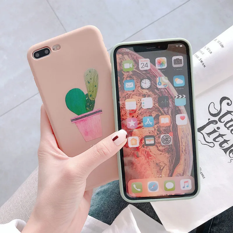POBLU Cute Plant Cactus Leaf Case For iphone XR XS Max Korean Letter TPU Soft Back Phone Cover Shell 6s 7 8Plus |