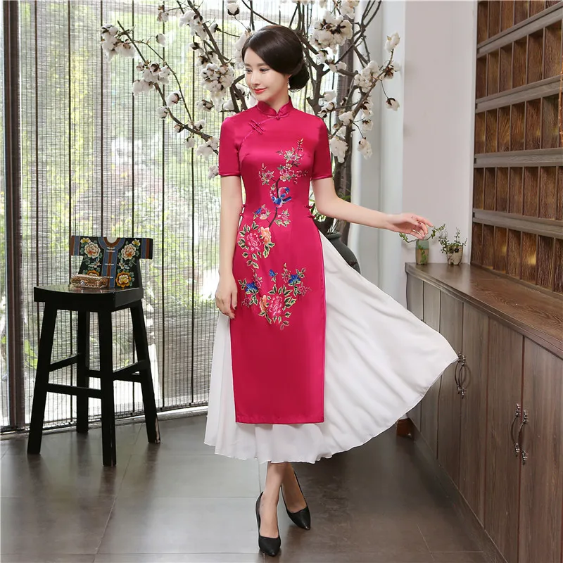 Вьетнамское платье Aodai традиционная Женская одежда красное аозай восточное