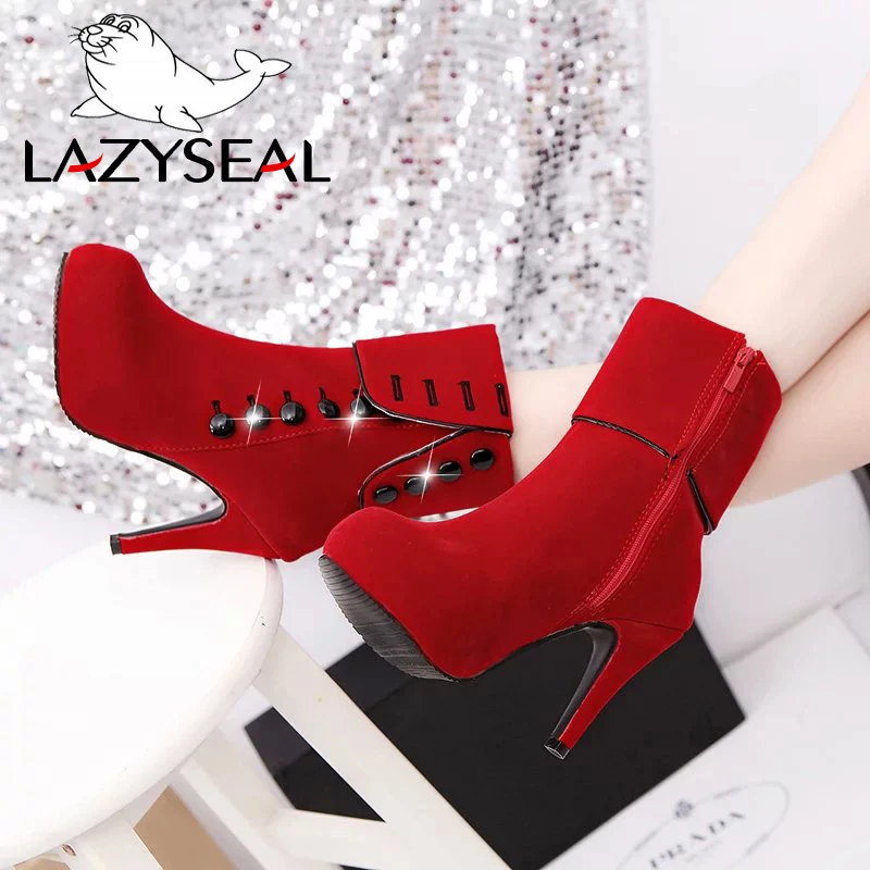 

LazySeal Platform Women Boots High Heels 2018 Fashion Red Shoes Woman Platform Flock Buckle Winter Boots Ladies Shoes