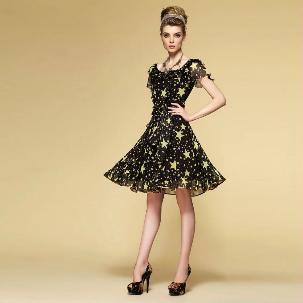 Шелковое шифоновое платье в богемном стиле классическое черное женское летнее с