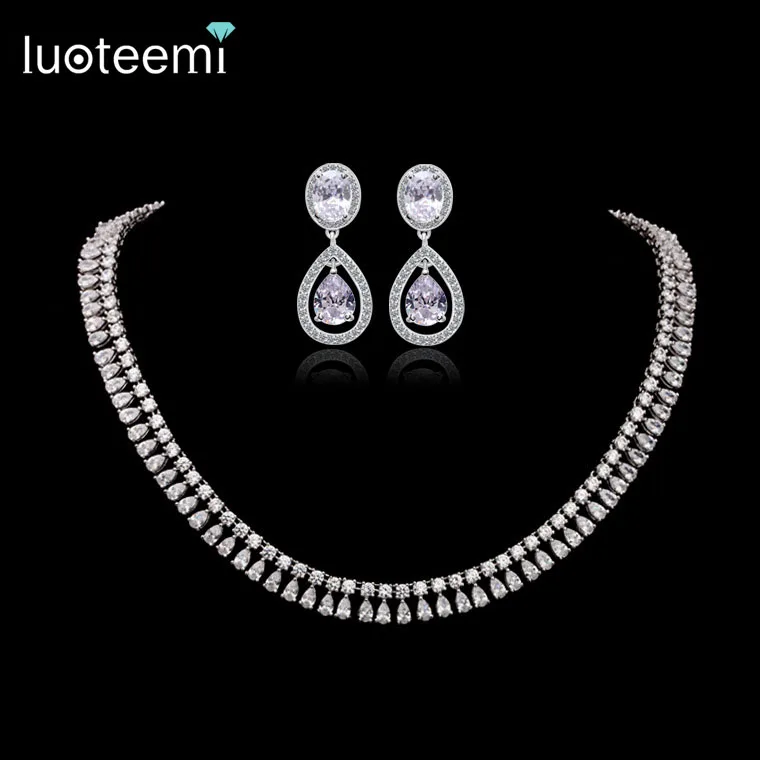 

LUOTEEMI Wedding Jewelry Set AAA Top Quality AAA Clear Cubic Zirconia Bridal Necklace Earrings Waterdrop Jewelry Women Gift