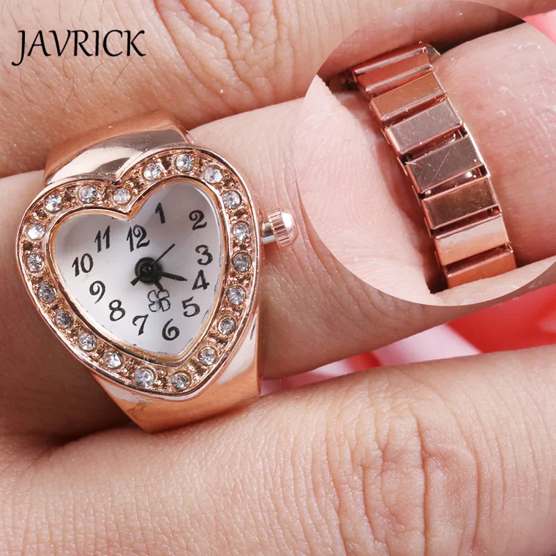 Creative Lady Girl Copper Tone Heart Shape Housing Elastic Band Finger Ring Watch for Women image 2