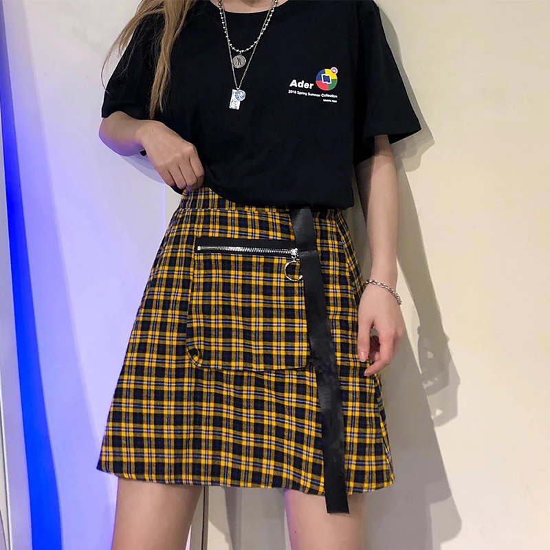 Harajuku юбка женская клетчатая с карманом Высокая талия Sweetwear гранж Стиль