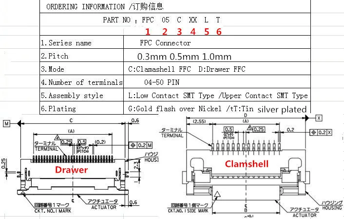 

0.50mm (.020") Pitch FFC/FPC Connector, Right Angle, Drawer type SMT, ZIF, Bottom Contact Style, 50 Circuits,silver plated