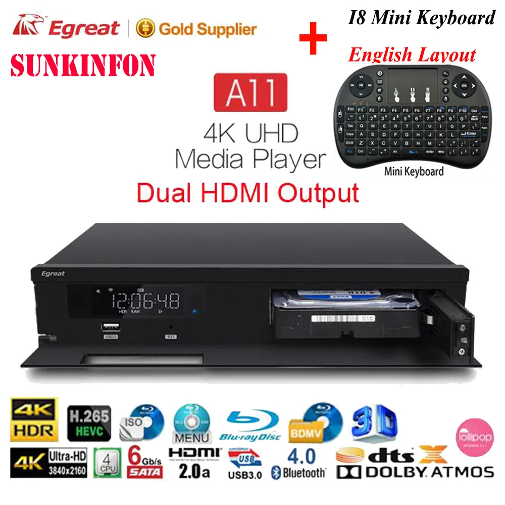 A11 N I8 English Egreat A11 tv Box 4K UHD медиаплеер 2G/16G 2T2R wifi Gigabit LAN Blu-Ray 3D Dolby ATOMS DTS X VIDON 2 HDMI порта PK Egreat A10 - Цвет: A11 N I8 English