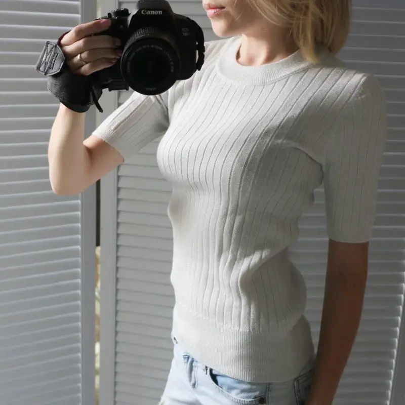 Женская футболка с люрексом GIGOGOU голубая трикотажная в рубчик короткими рукавами